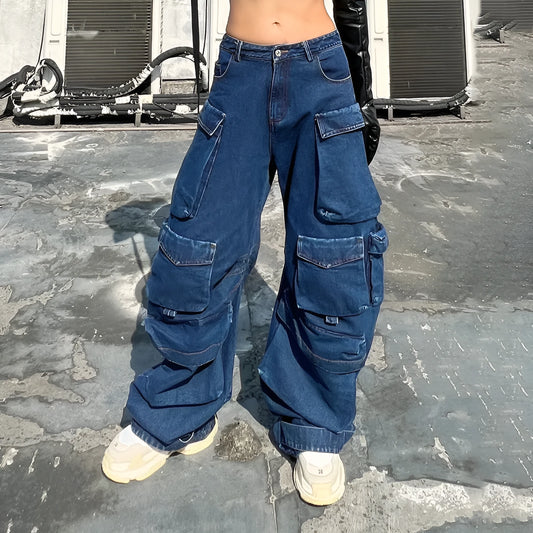 Dark blue distressed wide-leg jeans with high waist and multiple pockets on cotton denim fabric