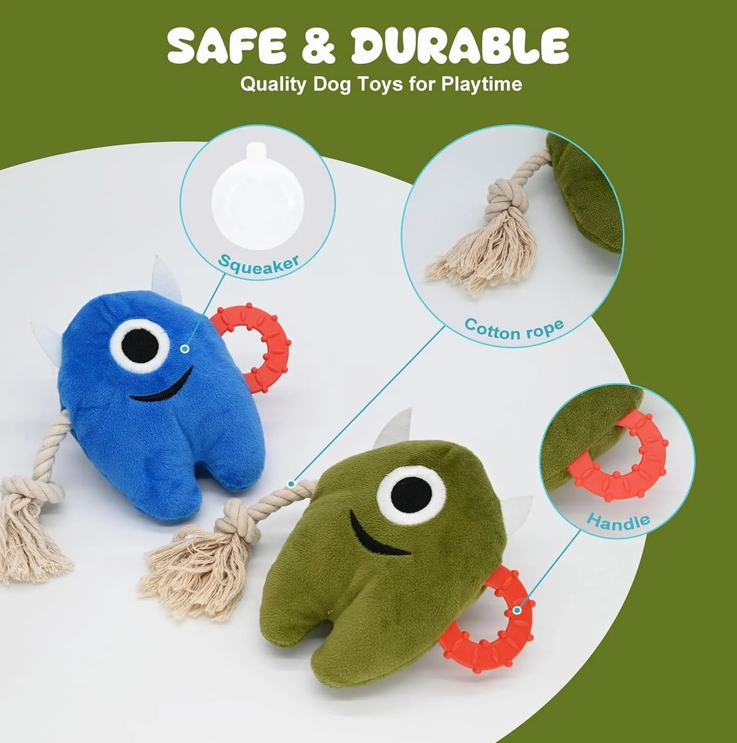 Blue and green plush dog toy with integrated cotton rope and squeaker for interactive play