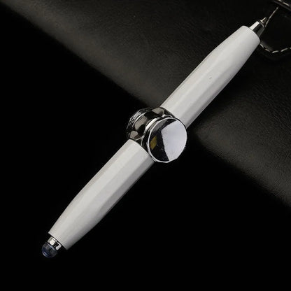 Creative multi-function metal pen with LED light and fingertip gyro spinner for writing and fidgeting.