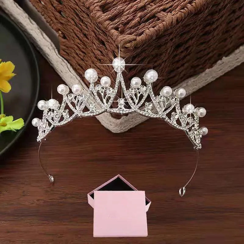 Silver pearl bridal tiara crown with white crystal, adult and children sizes, alloy electroplated