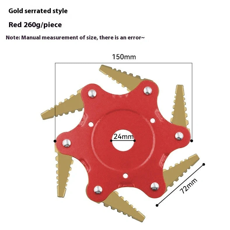 Agricultural alloy six-leaf knife grass head with black flat tooth blades and 28cm cutting diameter