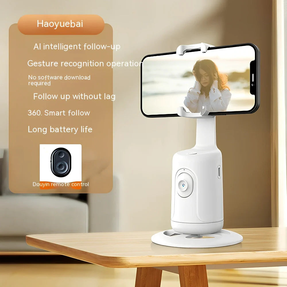 Automatic tracking stabilizer in black with 360 degree rotation on desk, USB connected, 175.2 x 54.8 x 57mm size