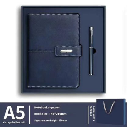 A5 notebook with imitation leather cover in a choice of colours including black, red, green, blue, and orange.