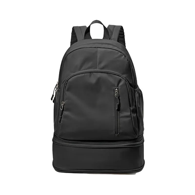 Women's casual backpack in black with adjustable curved shoulder straps and contrast stitching, 20-35L waterproof polyester.