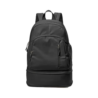 Women's casual backpack in black with adjustable curved shoulder straps and contrast stitching, 20-35L waterproof polyester.