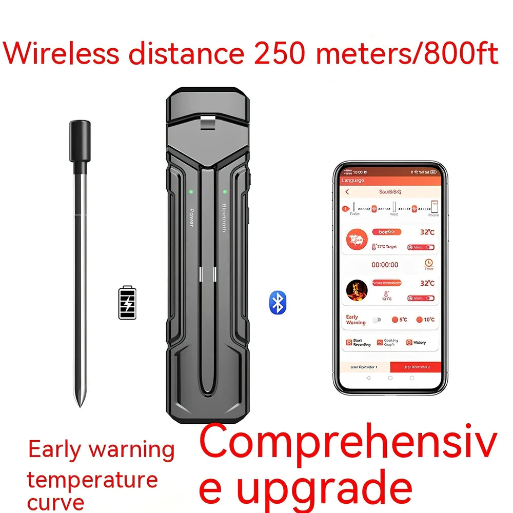 Black wireless kitchen thermometer with LCD display, two stainless steel probes, and magnetic backing for oven door attachment