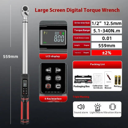 Electronic digital display torque wrench with a chrome-vanadium steel body on a workshop bench.