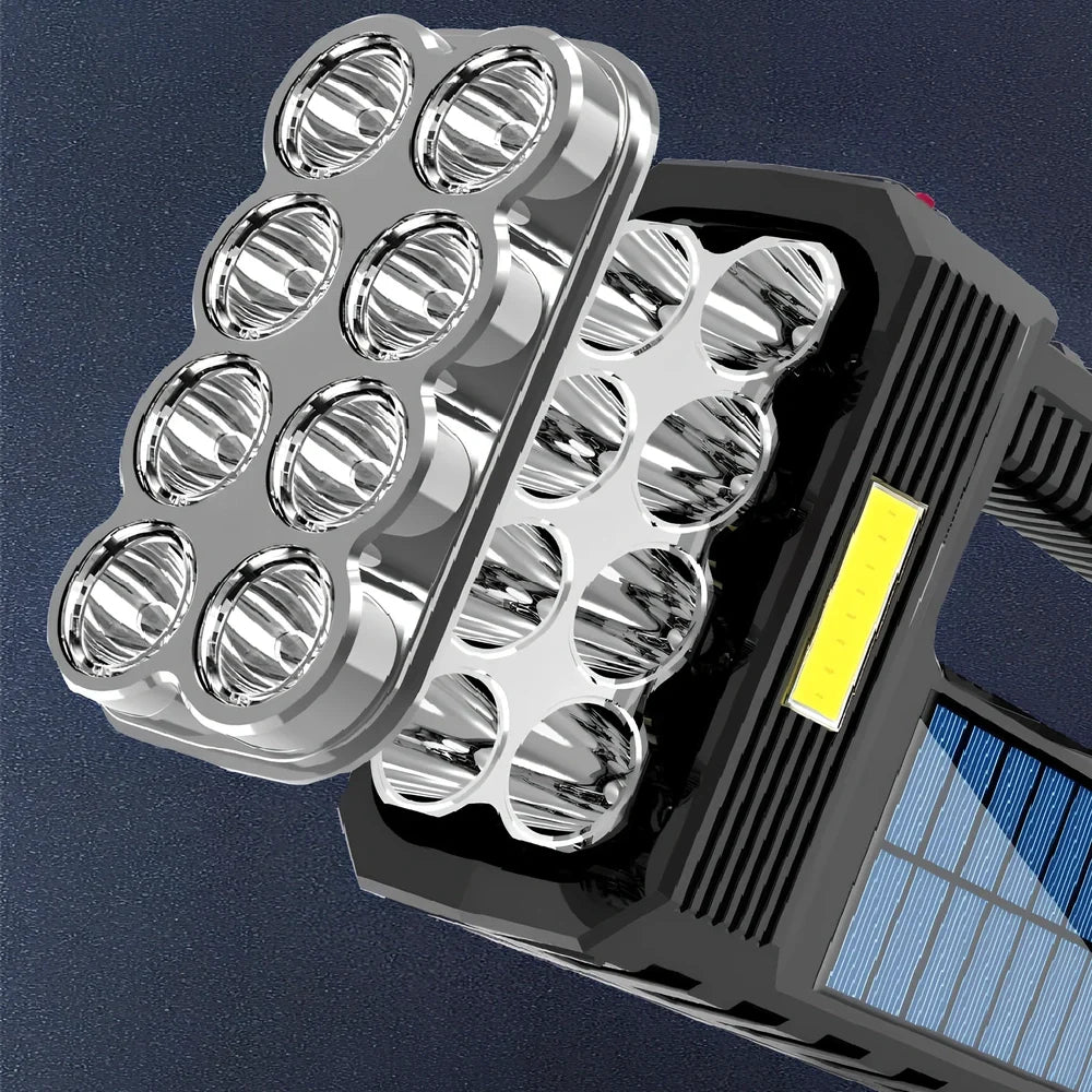 Solar USB rechargeable flashlight with 8 LED heads, aluminium alloy body, rubber switch, and side COB light