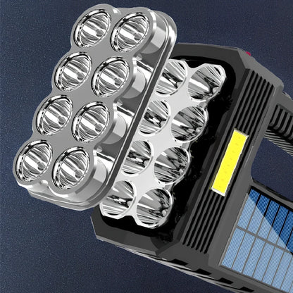 Solar USB rechargeable flashlight with 8 LED heads, aluminium alloy body, rubber switch, and side COB light