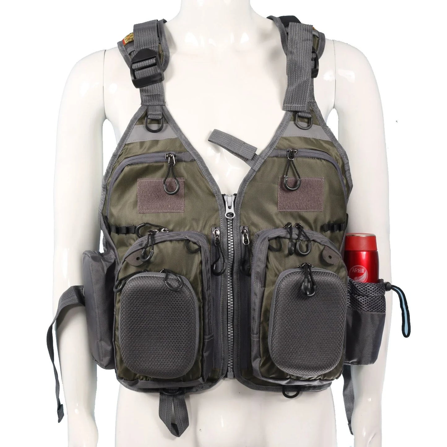 Premium fishing vest with multiple pockets, adjustable straps, and mesh lining for breathability and safety on the water