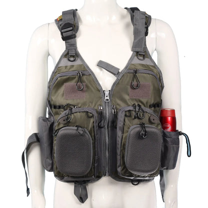 Fishing life jacket with removable EPE foam inserts, 10 pockets, adjustable straps, and reflective panels for water safety
