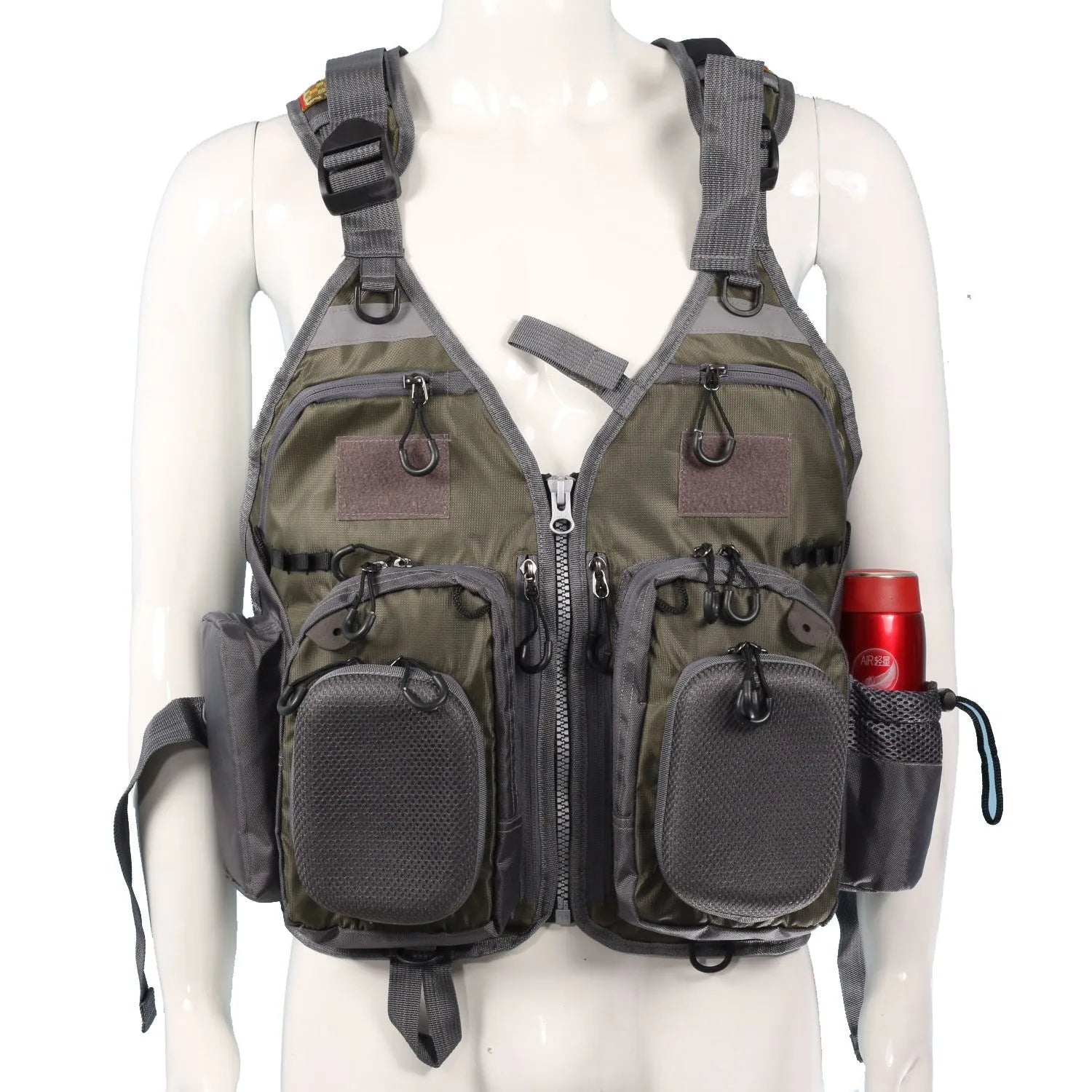 Grey fishing life jacket with reflective strips, multiple pockets, and adjustable buckle straps for water safety.