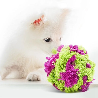 Purple plush dog chew ball toy measuring 15cm in diameter on a plain background.