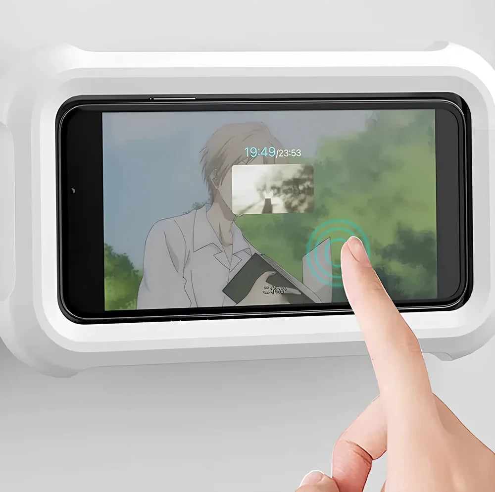 Wall-mounted waterproof black plastic phone rack with adjustable angle for bathroom use, includes 3 adhesives, 15cm height