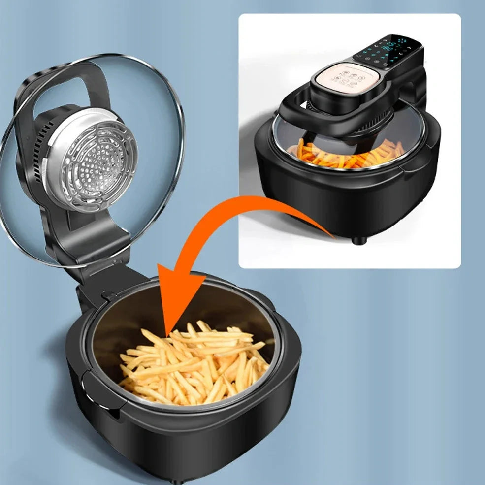 Green air fryer with touch controls measuring 335x325x295mm with 6-litre capacity