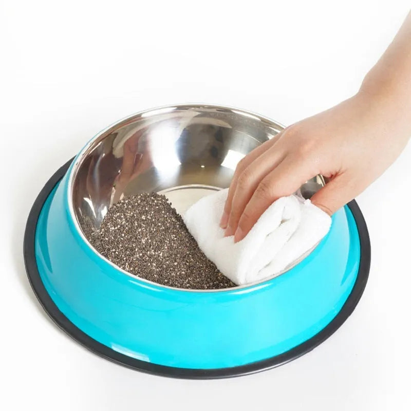 Stainless steel pet bowl with colourful melamine exterior in various sizes with non-slip rubber base