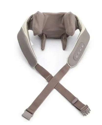 Creamy white rechargeable shoulder and neck massager with kneading rollers.