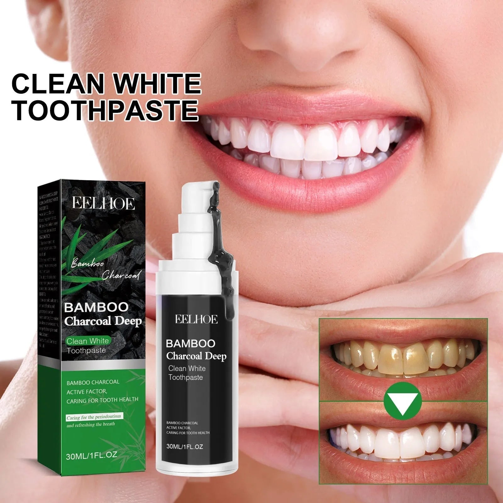 Bamboo charcoal bright white toothpaste tube showing 30ml volume and dimensions of 3.2cm by 12.4cm