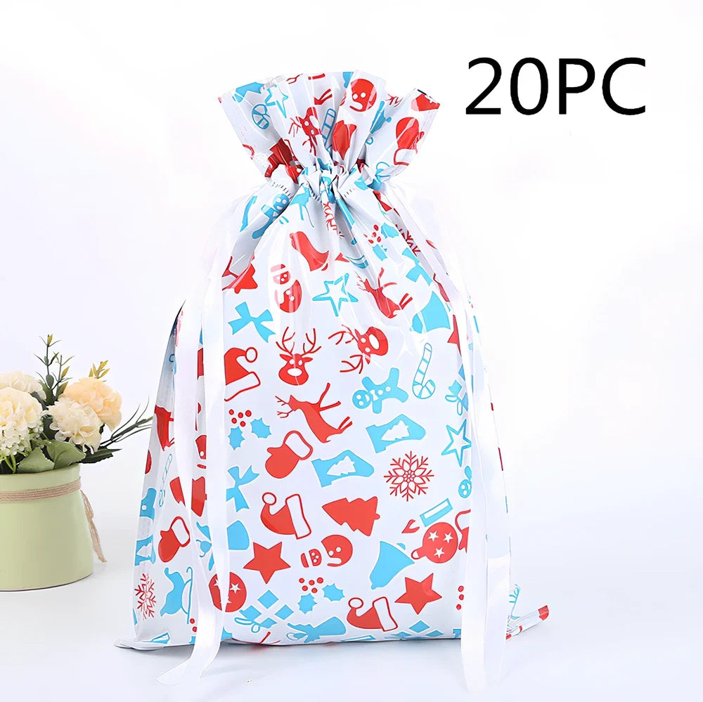 Christmas gift bag with drawstring closure in laser gold finish, 32x24cm dimensions