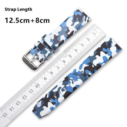 Camouflage pattern silicone watch strap showing blue, grey, and green options with flat head connectors