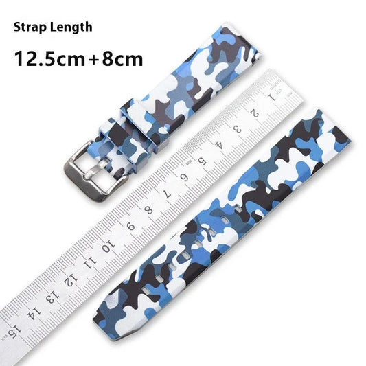Camouflage pattern silicone watch strap showing blue, grey, and green options with flat head connectors