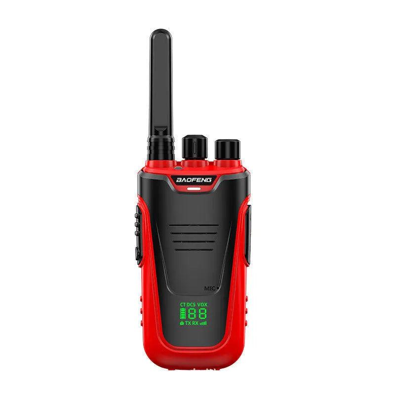 Red and yellow high-power handheld intercom for hotel and restaurant staff communication.