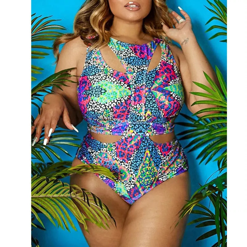 Plus size ethnic print one-piece swimsuit with high elasticity fabric