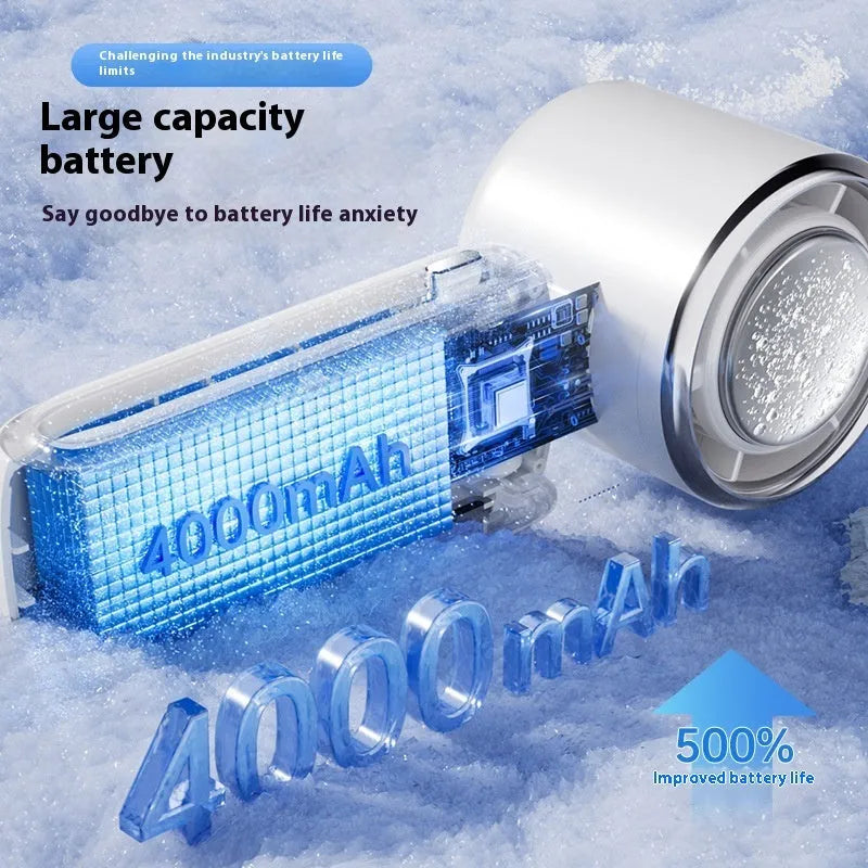 Blue USB rechargeable handheld folding fan with a neck strap and speed control buttons