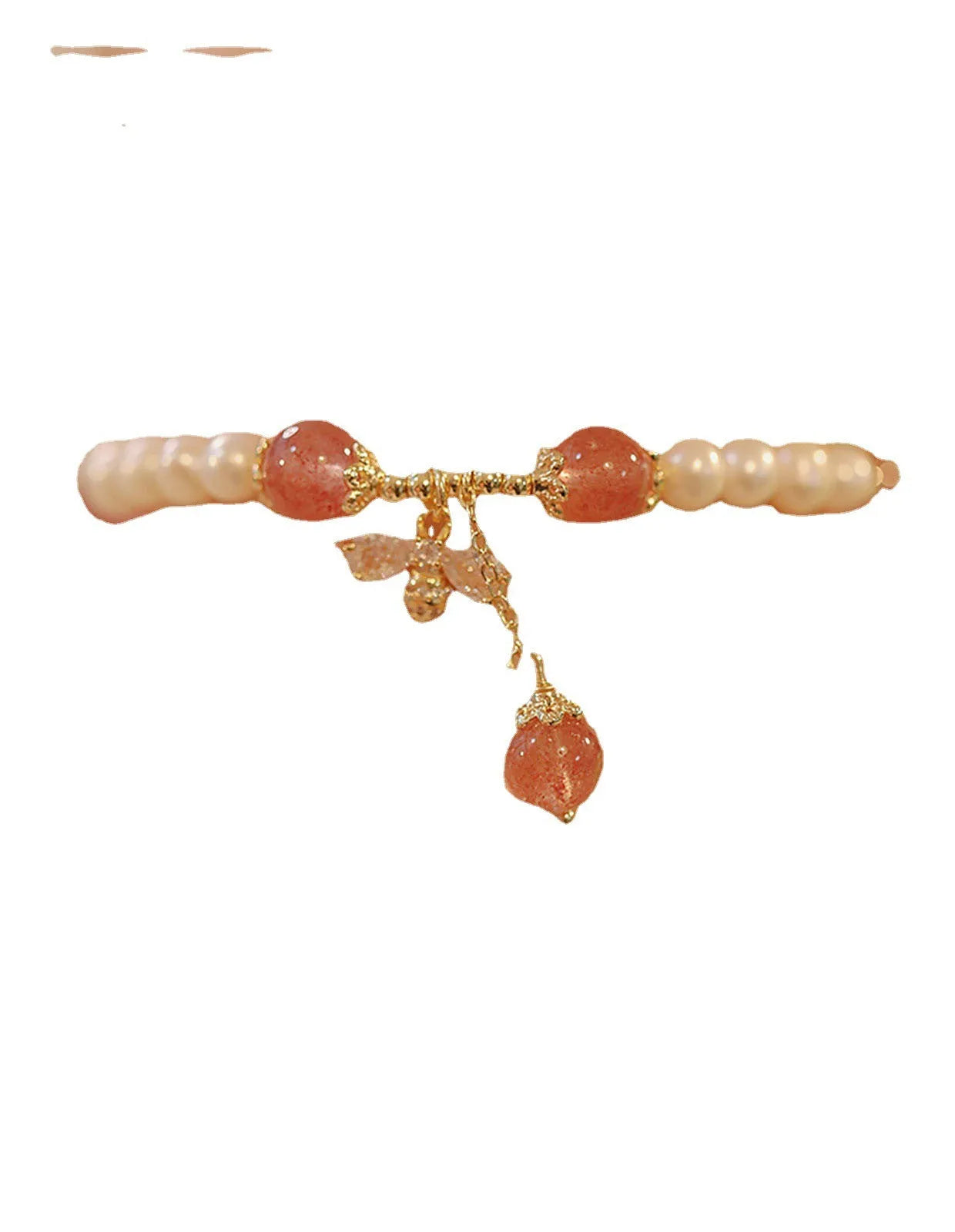 Women's adjustable Strawberry Quartz crystal bracelet with bow charm on wrist