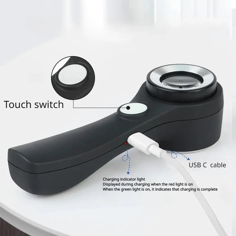 Black or silver jewelry tobacco alcohol appraisal magnifying glass with optical glass lens and USB-C cable