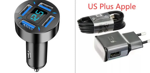 Four-port USB car charger with LED digital display showing voltage, compact black design for vehicle power socket