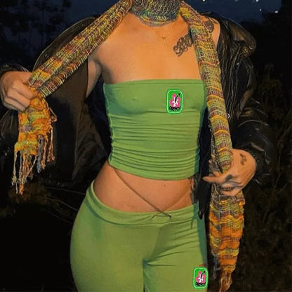 Women's summer embroidery tube top and high waist bell-bottom pants set in various colors