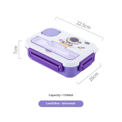 1300ml rectangular plastic cartoon bento box with sealed lid and microwaveable heating, available in three designs