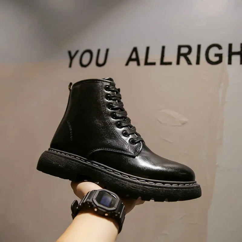 Men's black platform Doc Martens boots with zipper, high top 8-hole design, and frosted cowhide leather