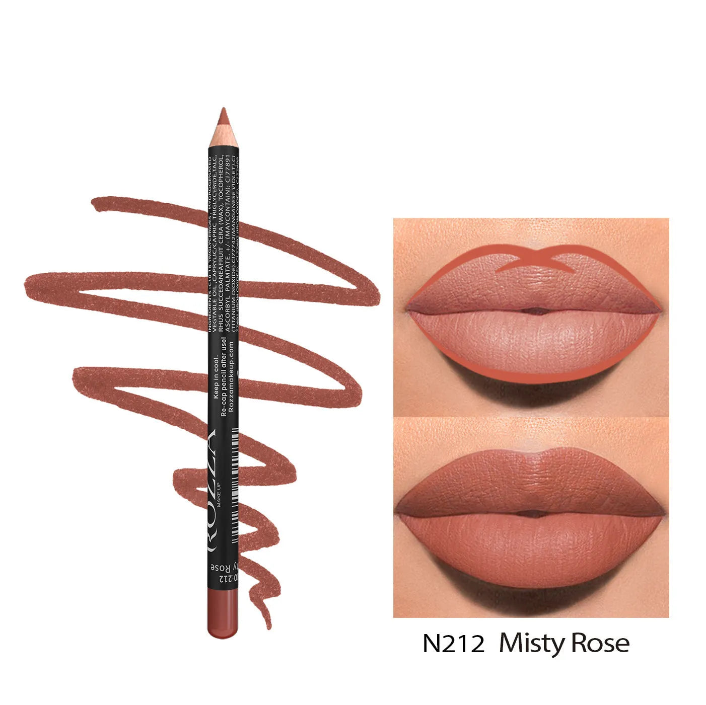 Matte lip liner pencil in wooden casing shown in shade range 201-214 on a white background