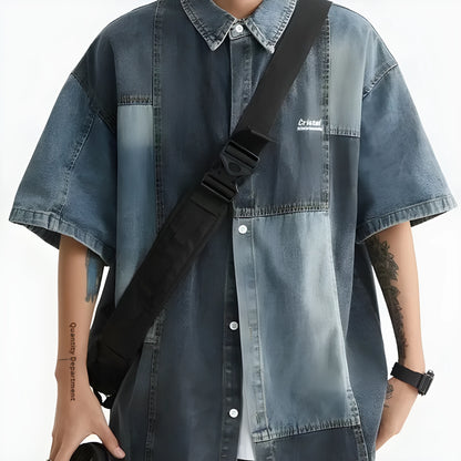Blue Japanese-style loose fit denim cardigan shirt for men with retro washed finish.