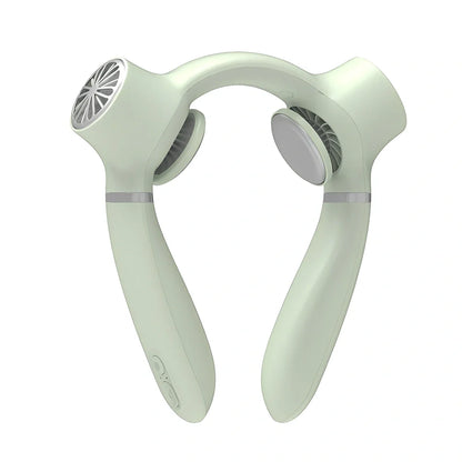 USB rechargeable neck fan with semiconductor cooling in white, dark blue, or light green colours