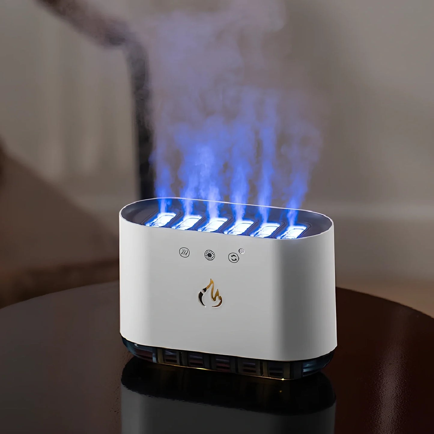 White ultrasonic humidifier with 7-colour LED lights and 360° rotating mist nozzle