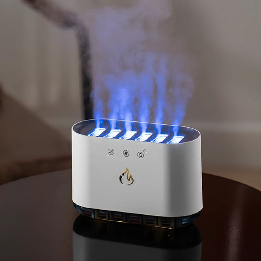 White ultrasonic humidifier with 7-colour LED lights and 360° rotating mist nozzle