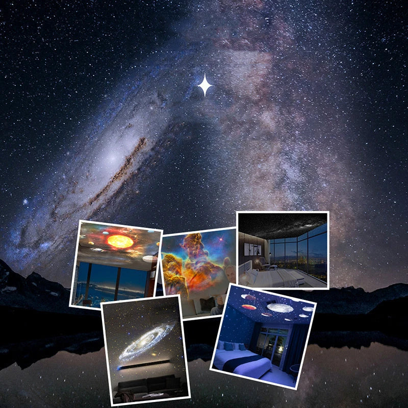 Starry sky projection from a compact, adjustable galaxy projector lamp for creating a soothing, ambient lighting experience in any room.