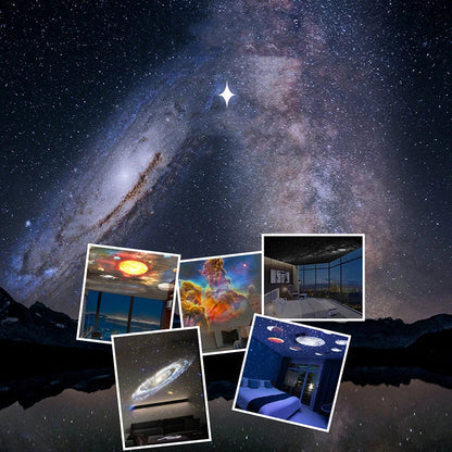 Starry sky projection from a compact, adjustable galaxy projector lamp for creating a soothing, ambient lighting experience in any room.