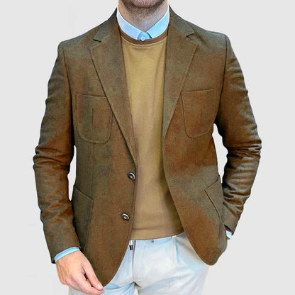 Men's loose retro cotton suit in army green, showing solid colour and casual design with sizing from S to XXXL