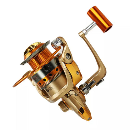 Orange Metal Head Rocker Fishing Reel with interchangeable handle for versatile use