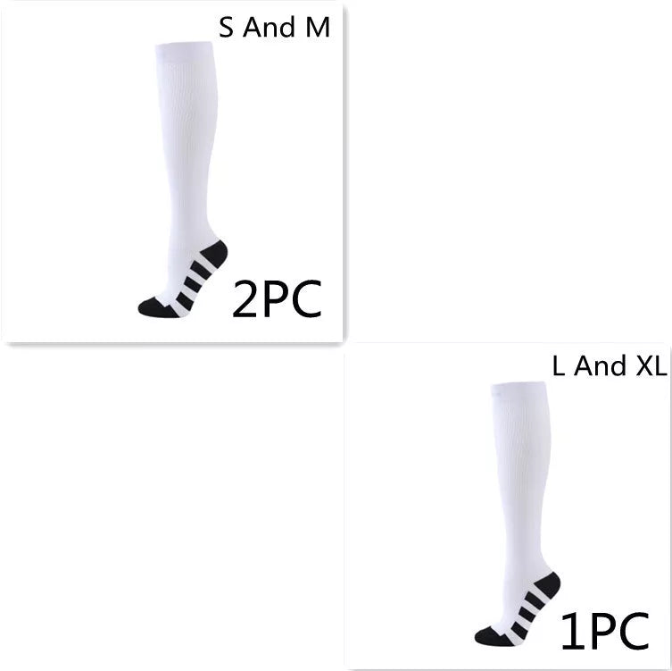 Athletic compression socks with three-bar design in black, pink, and white