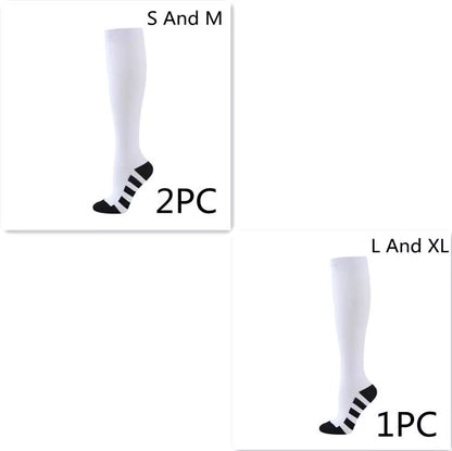 Athletic compression socks with three-bar design in black, pink, and white