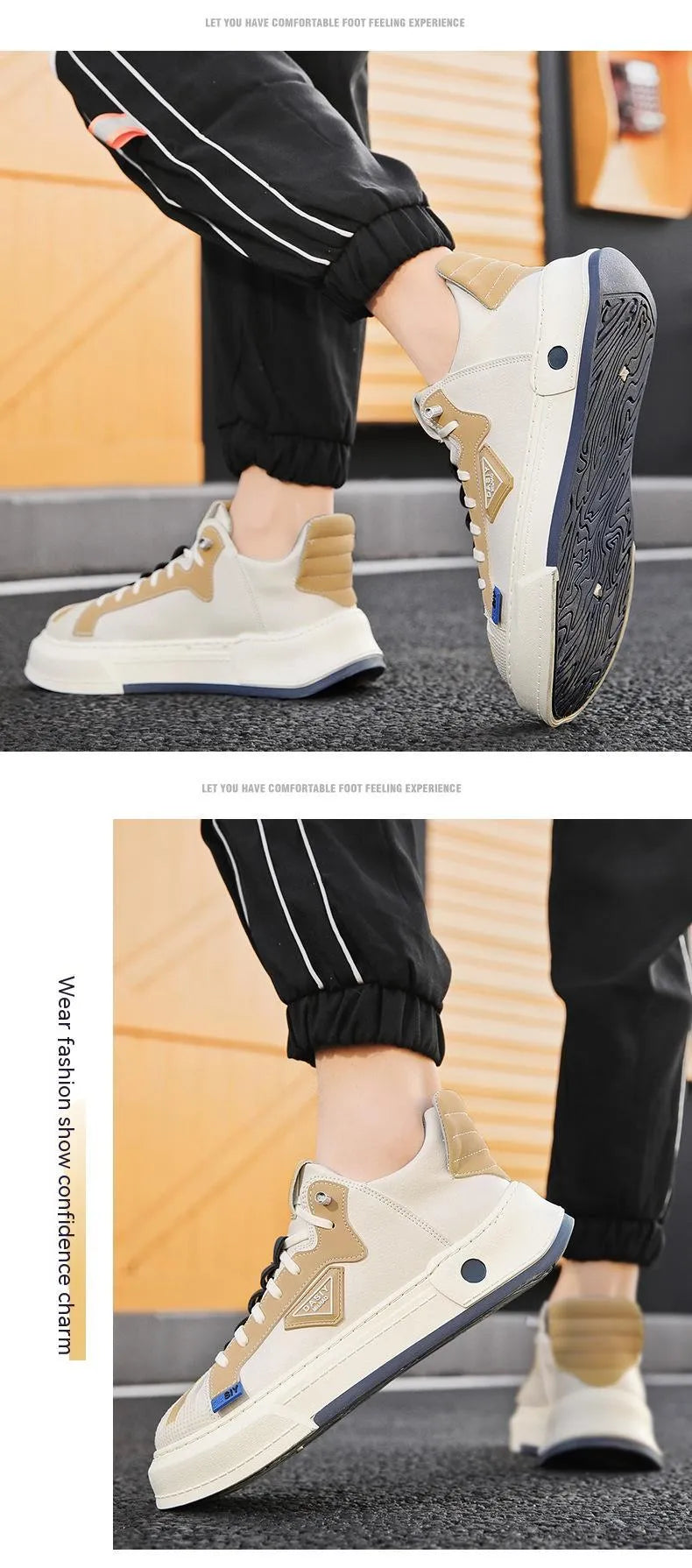 Men's beige low-top sneakers with elastic band closure and leather stitching on microfiber upper