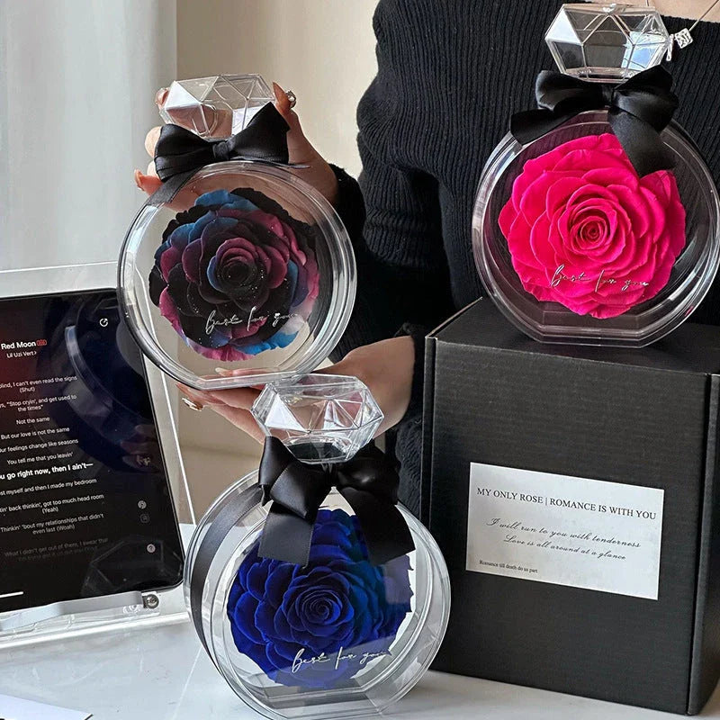 Preserved floral ornaments in various colors, displayed in a transparent cover for elegant home decor