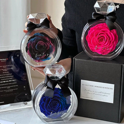 Preserved floral ornaments in various colors, displayed in a transparent cover for elegant home decor