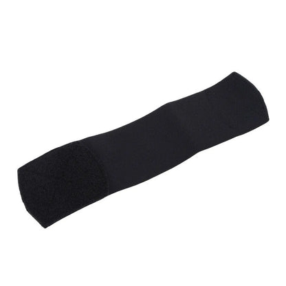 Rubber shin guard strap for football in red, shown securing a shin pad.