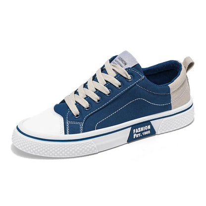 Men's low-top blue canvas skate shoes with round toe and flat heel on a white background.